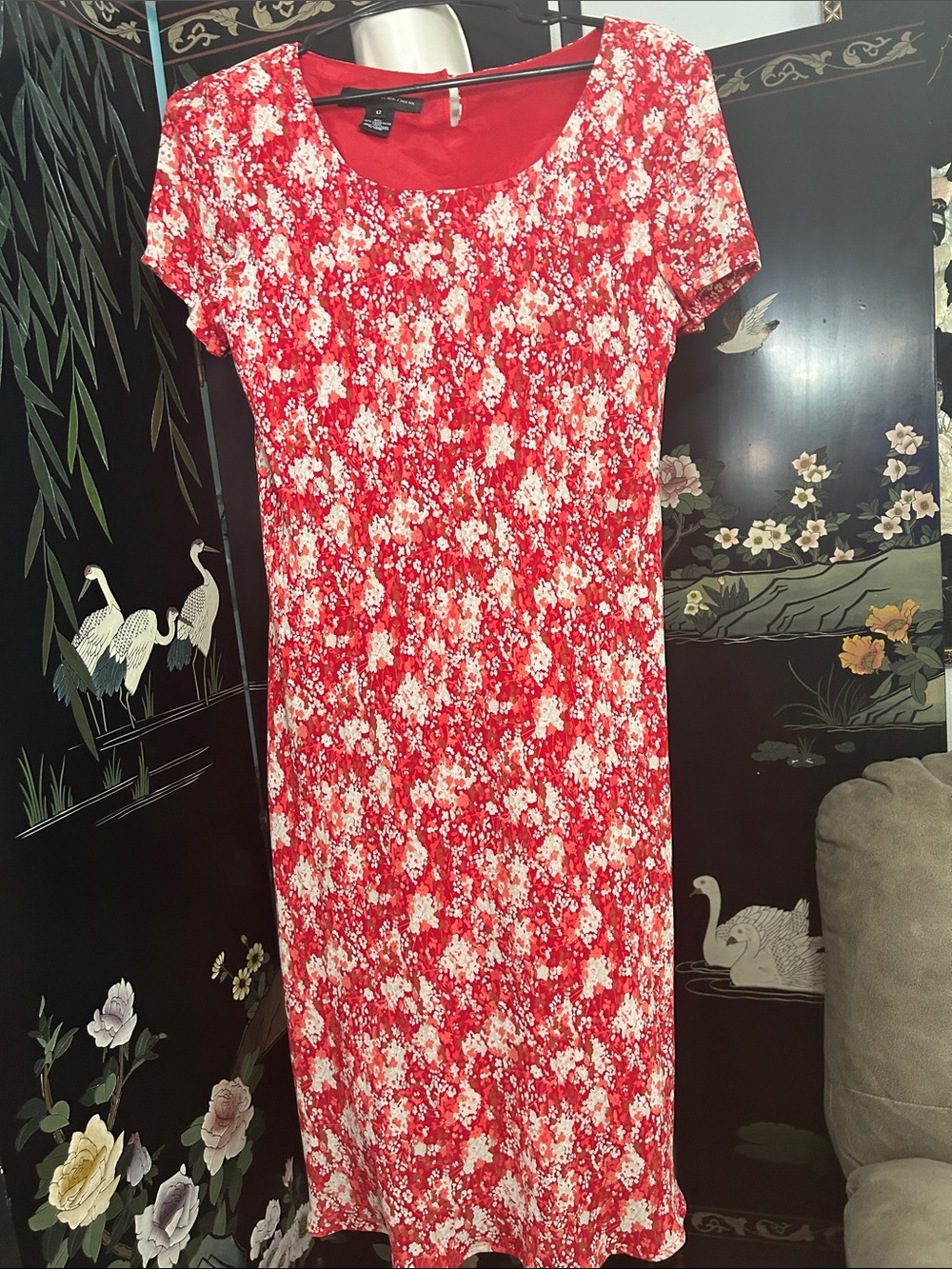Jones New York Red and White Floral Scoop-Neck Midi Dress